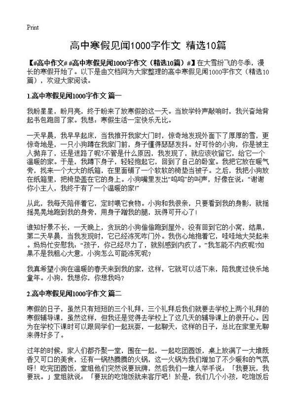 高中寒假见闻1000字作文10篇