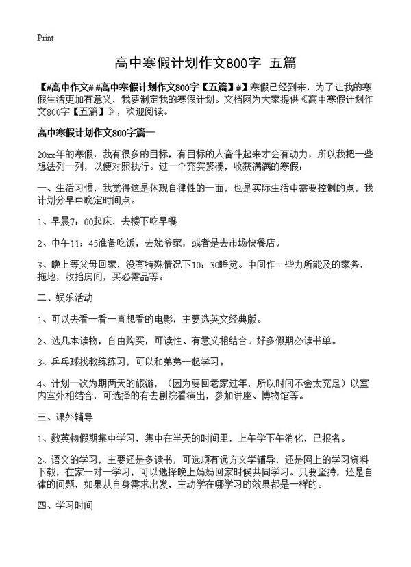 高中寒假计划作文800字