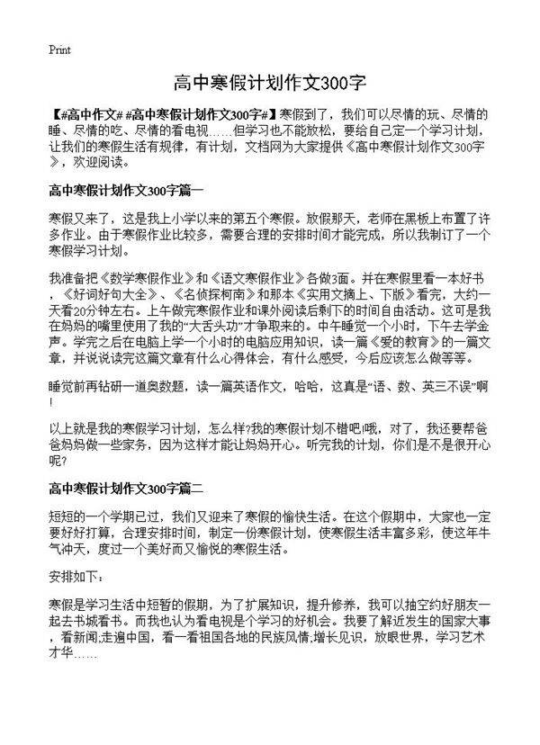 高中寒假计划作文300字