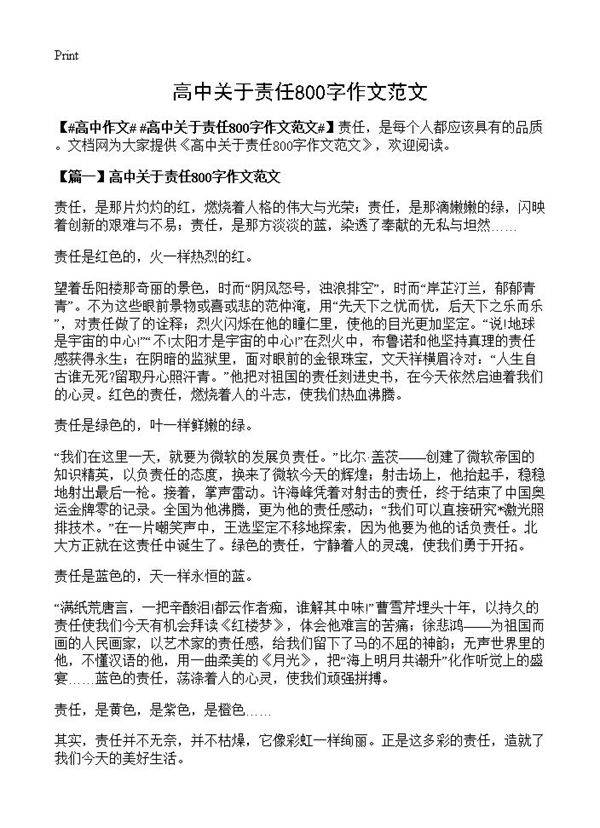 高中关于责任800字作文范文