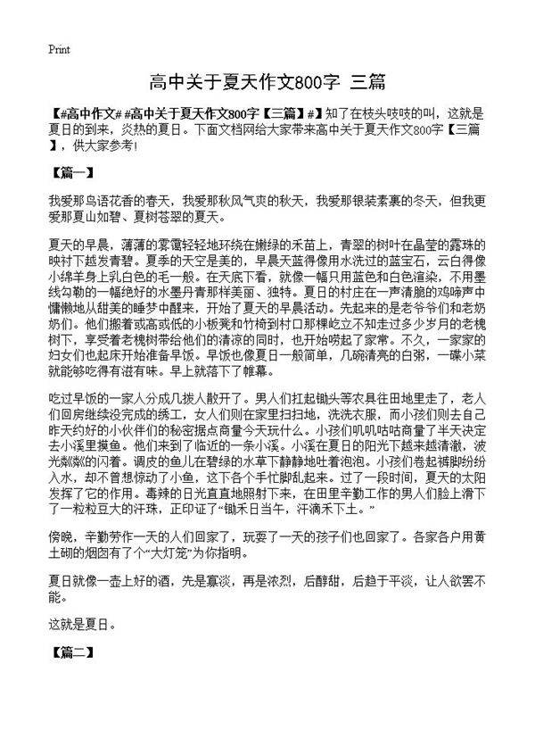 高中关于夏天作文800字