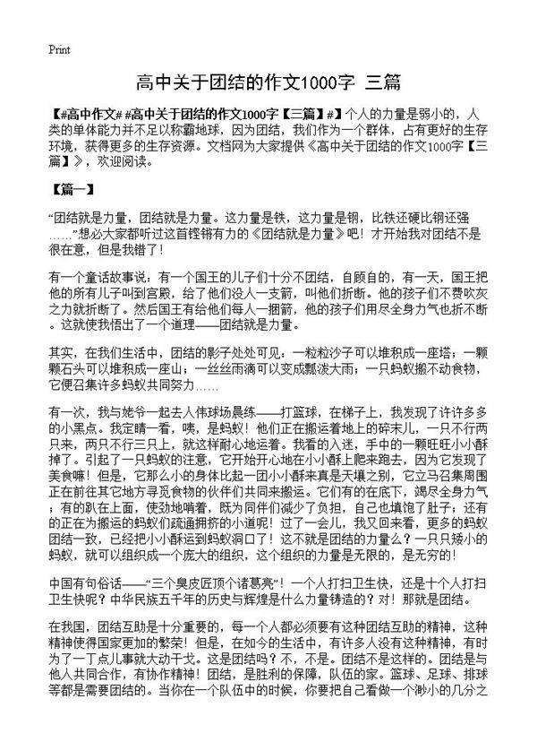 高中关于团结的作文1000字