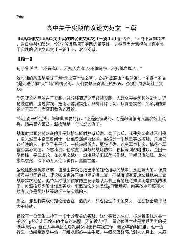 高中关于实践的议论文范文