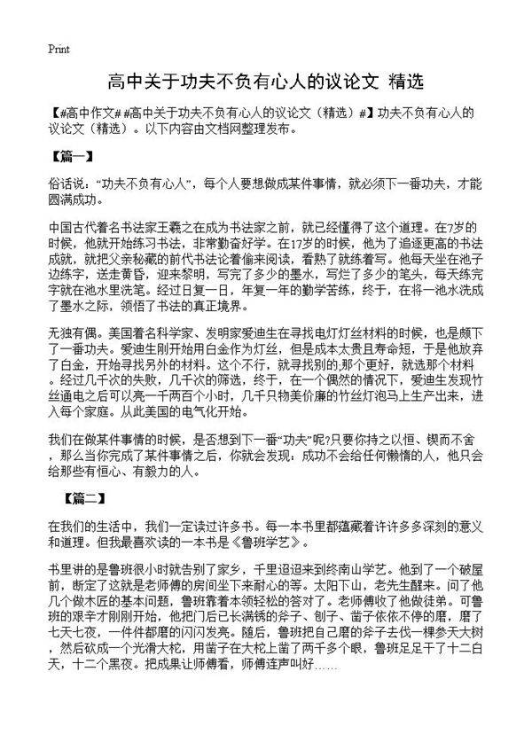 高中关于功夫不负有心人的议论文