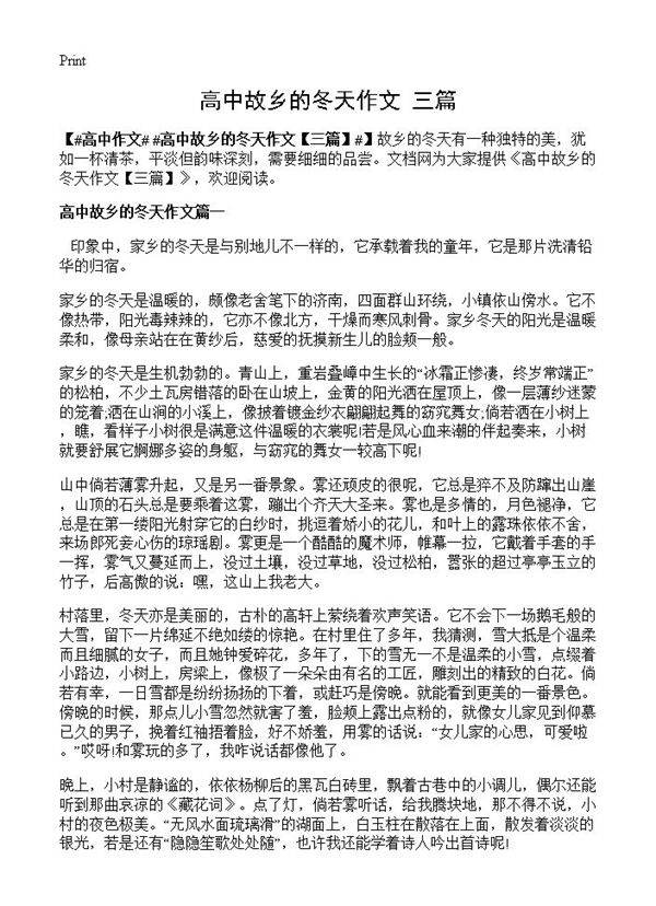 高中故乡的冬天作文