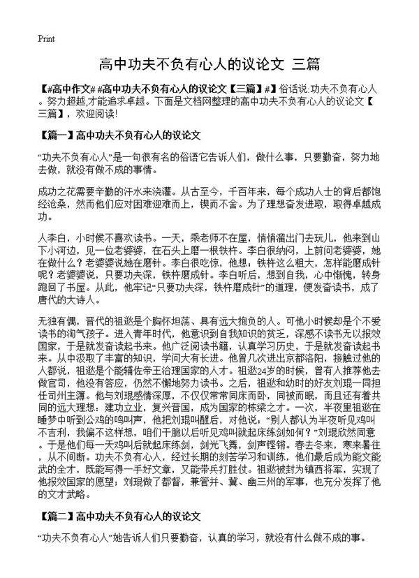 高中功夫不负有心人的议论文