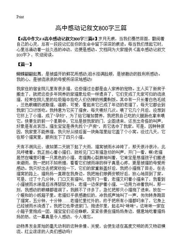 高中感动记叙文800字三篇