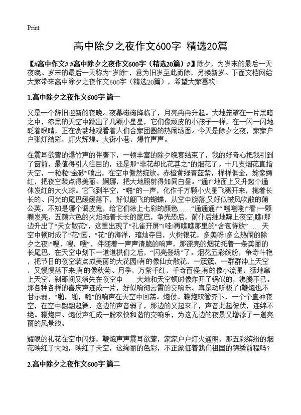 高中除夕之夜作文600字20篇