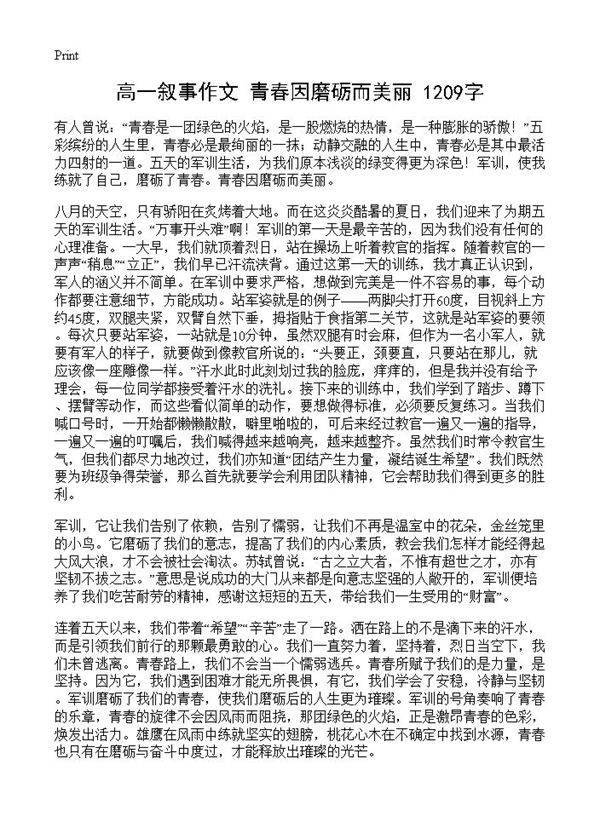 高一叙事作文 青春因磨砺而美丽 1209字