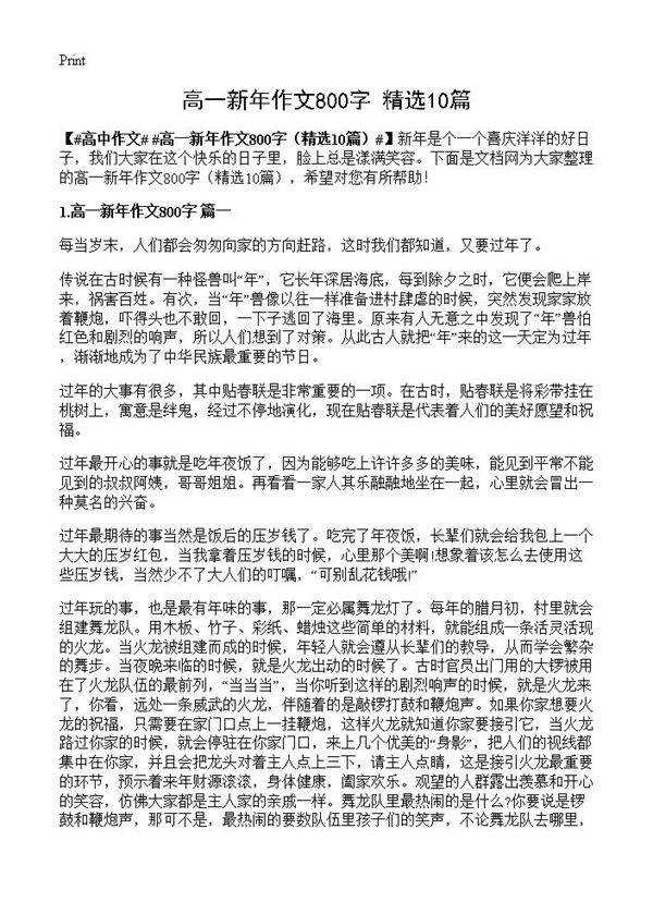 高一新年作文800字10篇