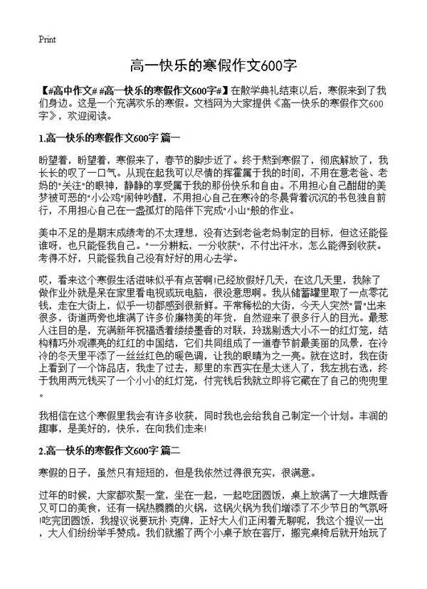 高一快乐的寒假作文600字