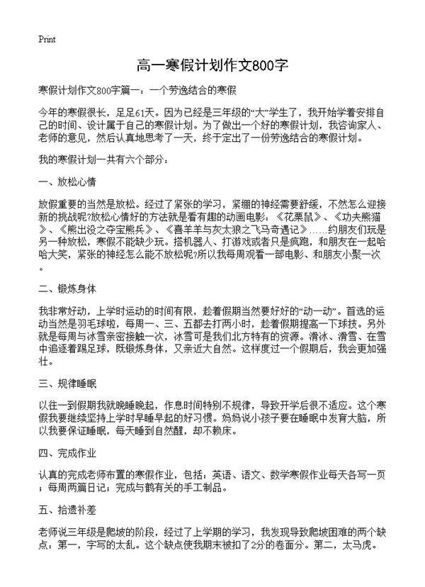 高一寒假计划作文800字