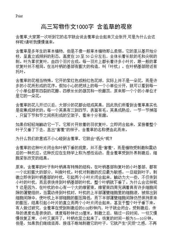 高三写物作文1000字 含羞草的观察