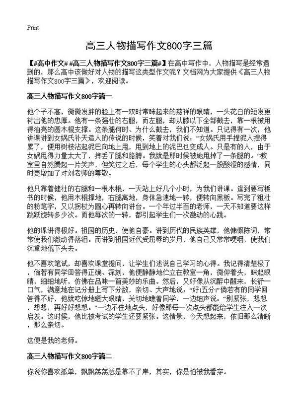 高三人物描写作文800字三篇