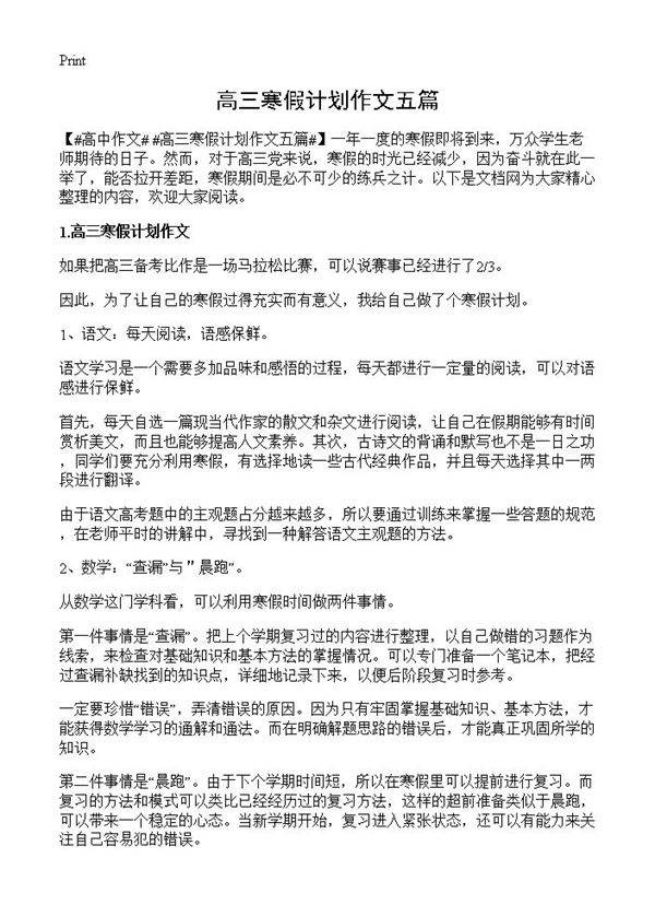 高三寒假计划作文五篇