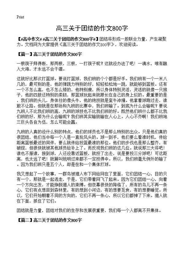 高三关于团结的作文800字