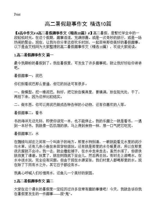 高二暑假趣事作文10篇