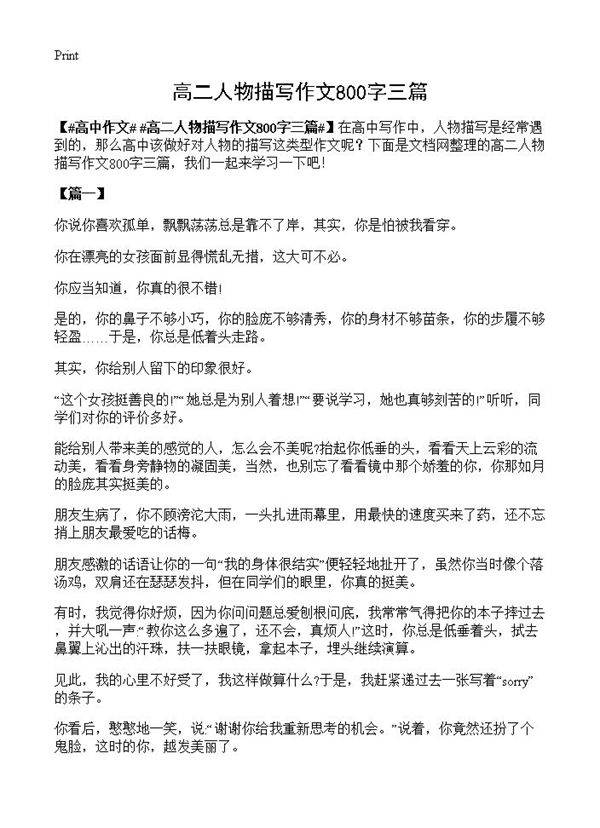 高二人物描写作文800字三篇