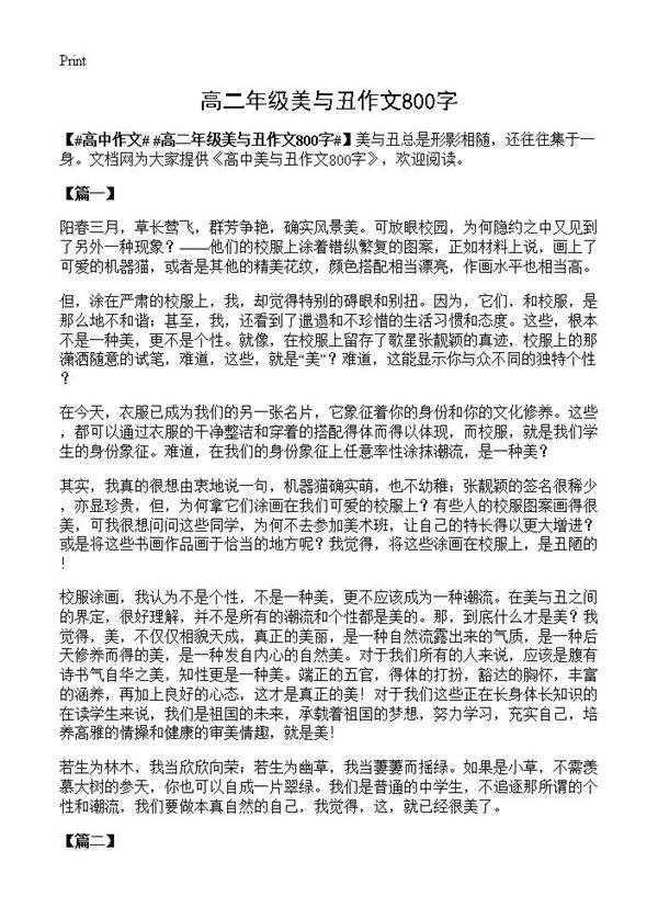 高二年级美与丑作文800字