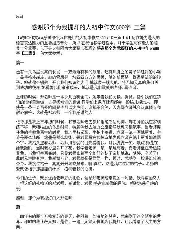 感谢那个为我提灯的人初中作文600字