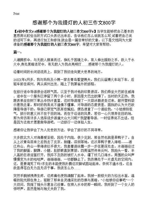 感谢那个为我提灯的人初三作文800字