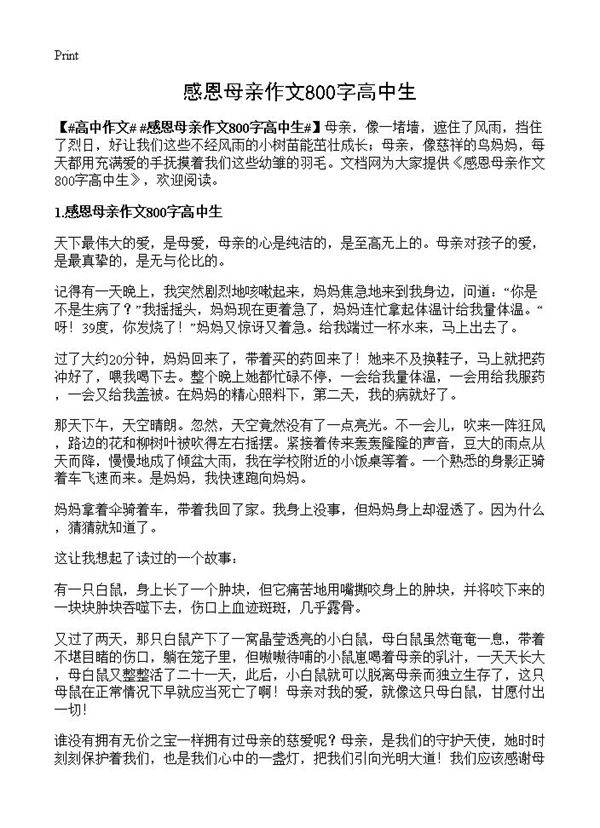 感恩母亲作文800字高中生