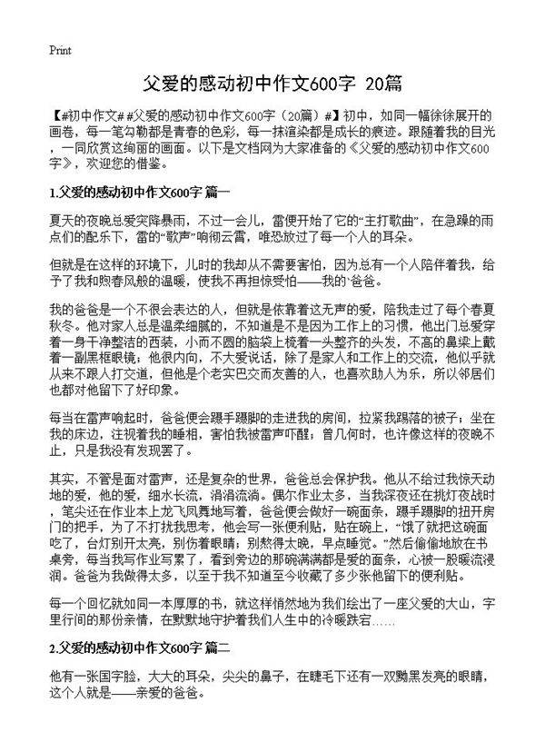 父爱的感动初中作文600字20篇