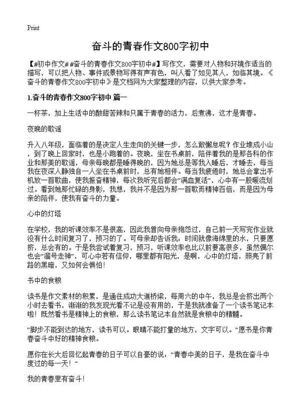 奋斗的青春作文800字初中