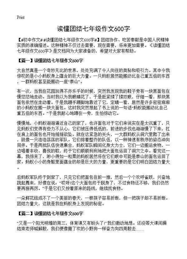 读懂团结七年级作文600字