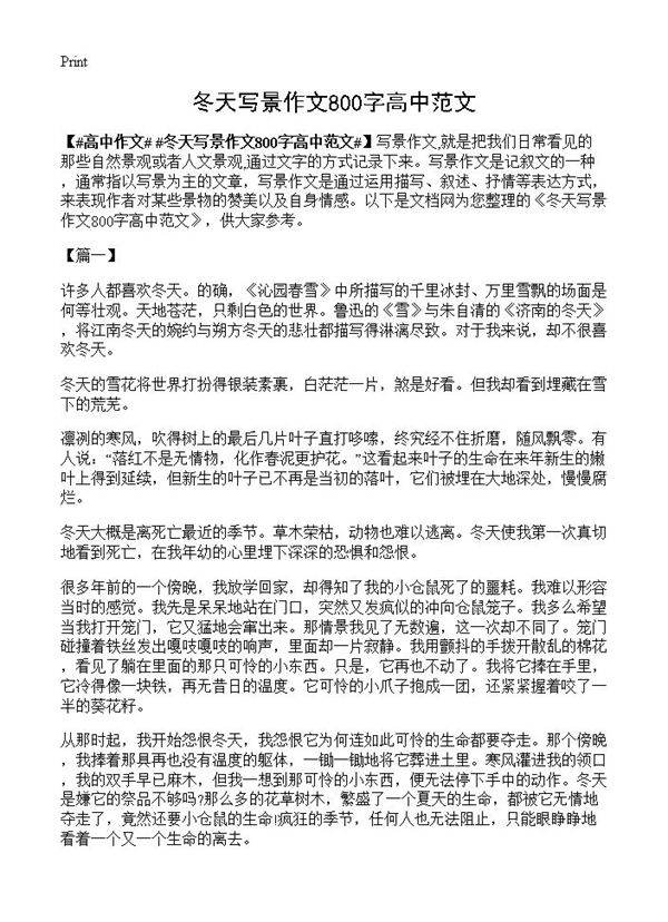冬天写景作文800字高中范文