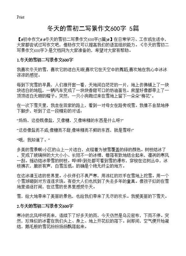 冬天的雪初二写景作文600字5篇