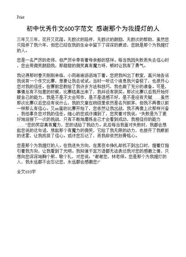 初中优秀作文600字范文 感谢那个为我提灯的人
