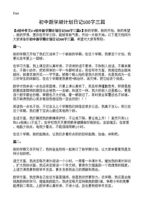 初中新学期计划日记500字三篇