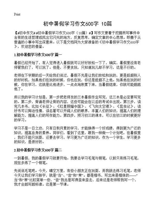 初中暑假学习作文600字10篇