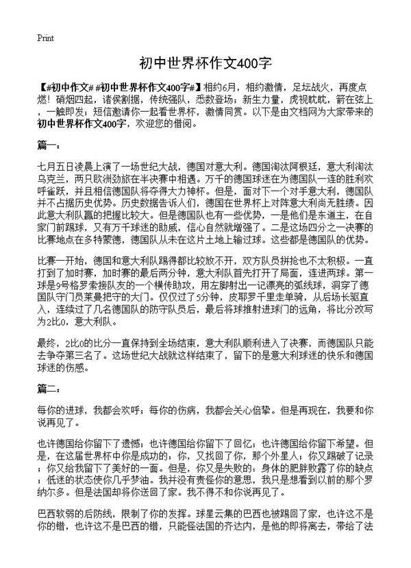 初中世界杯作文400字