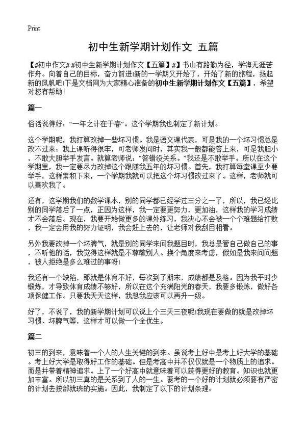 初中生新学期计划作文