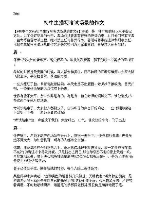 初中生描写考试场景的作文