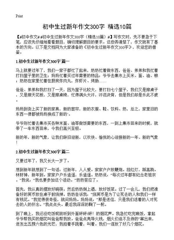 初中生过新年作文300字10篇