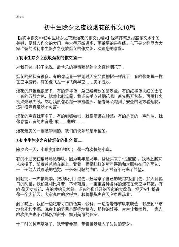 初中生除夕之夜放烟花的作文10篇