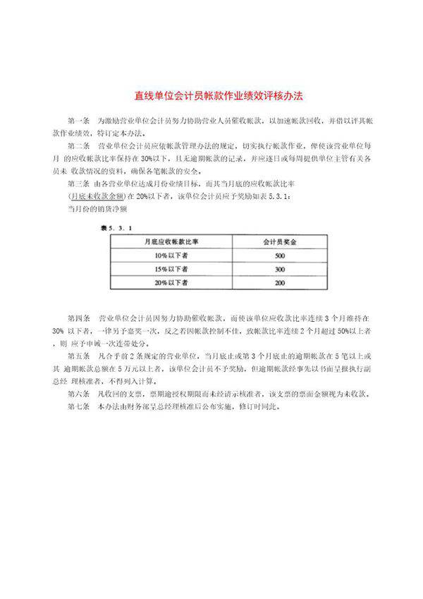 直线单位会计员帐款作业绩效评核办法