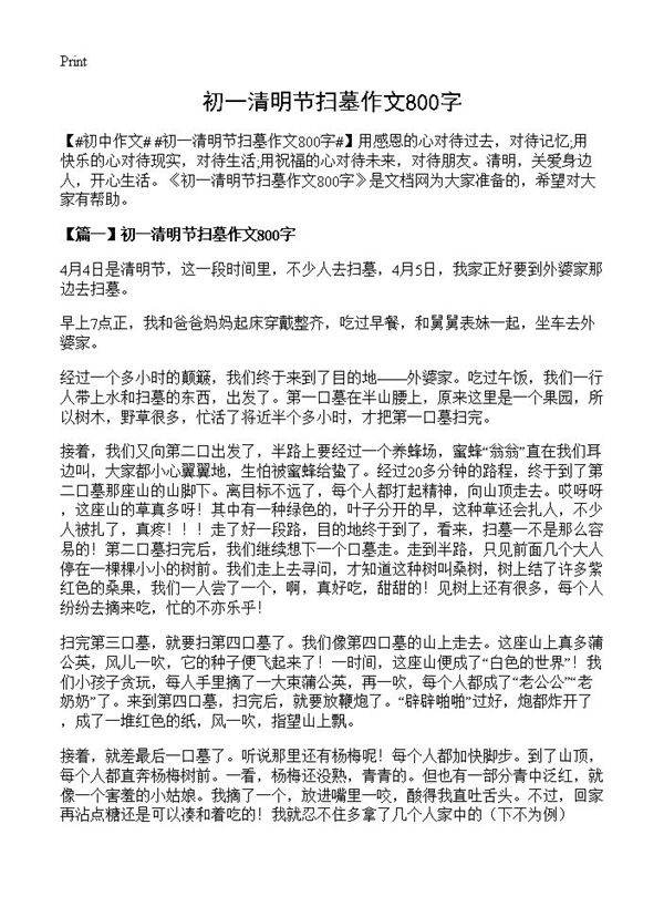 初一清明节扫墓作文800字