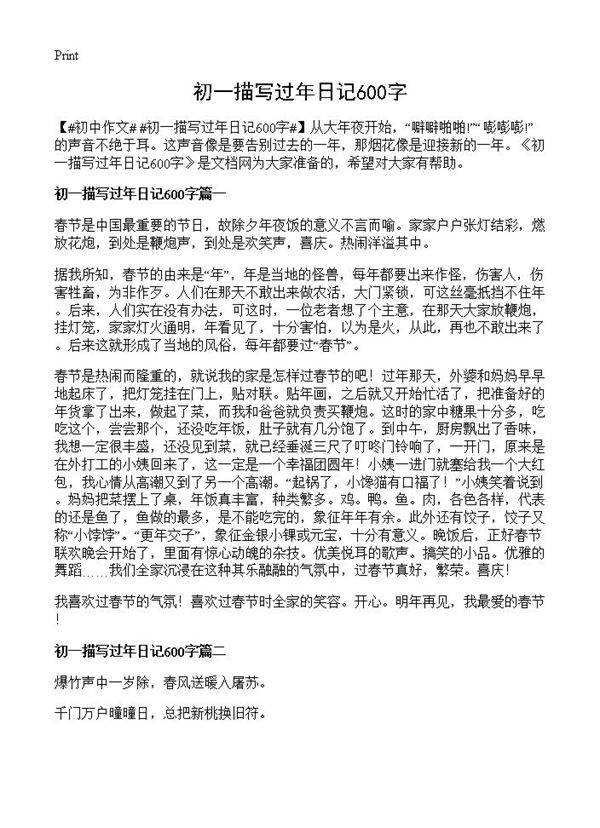 初一描写过年日记600字