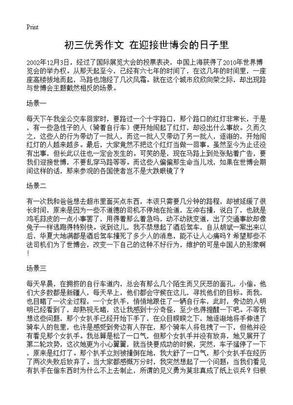 初三优秀作文 在迎接世博会的日子里