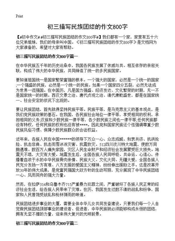 初三描写民族团结的作文800字