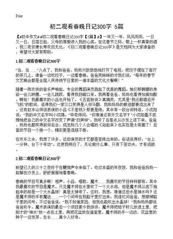 初二观看春晚日记300字