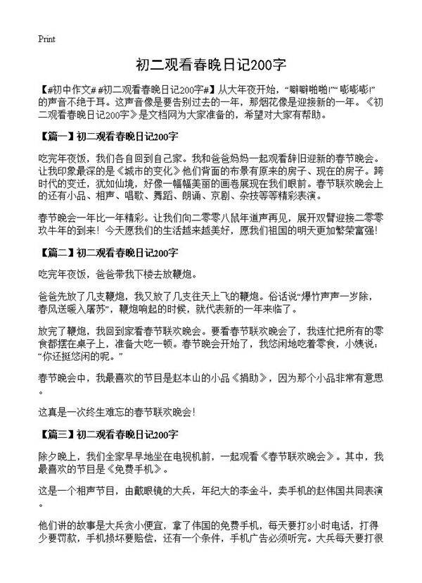 初二观看春晚日记200字