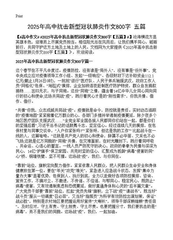2025年高中抗击新型冠状肺炎作文800字