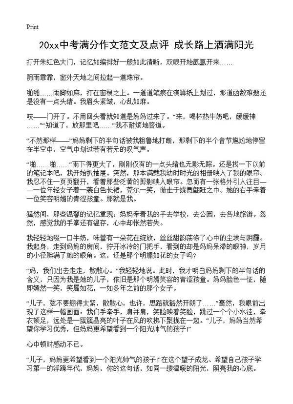 20xx中考满分作文范文及点评 成长路上洒满阳光