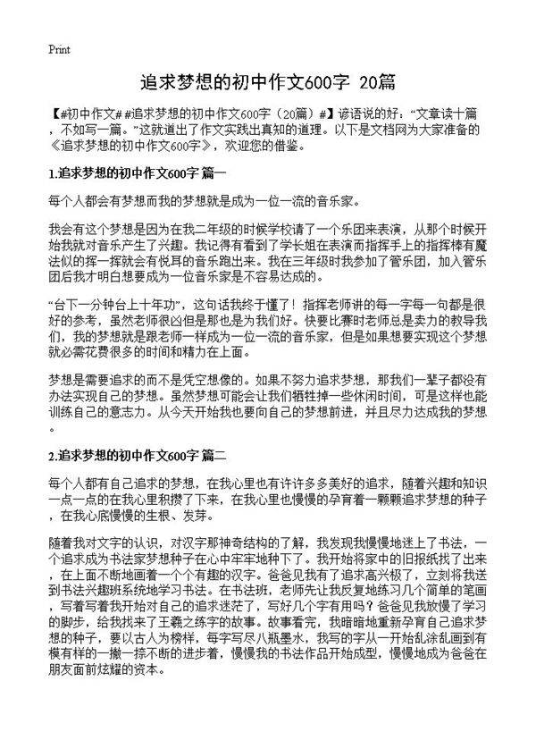 追求梦想的初中作文600字20篇
