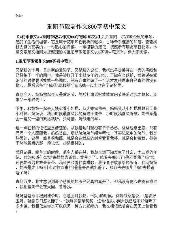 重阳节敬老作文800字初中范文